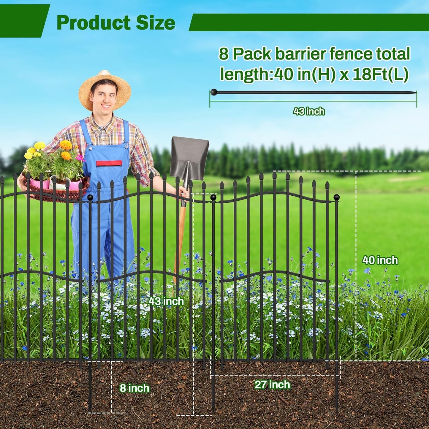 8 Panels Tall No Dig Garden Fence - 40in H x 18ft L, Reinforced Square Tube Rustproof Animal Barrier, Decorative Metal Fencing for Yard & Outdoor Dog Pet Play Areas