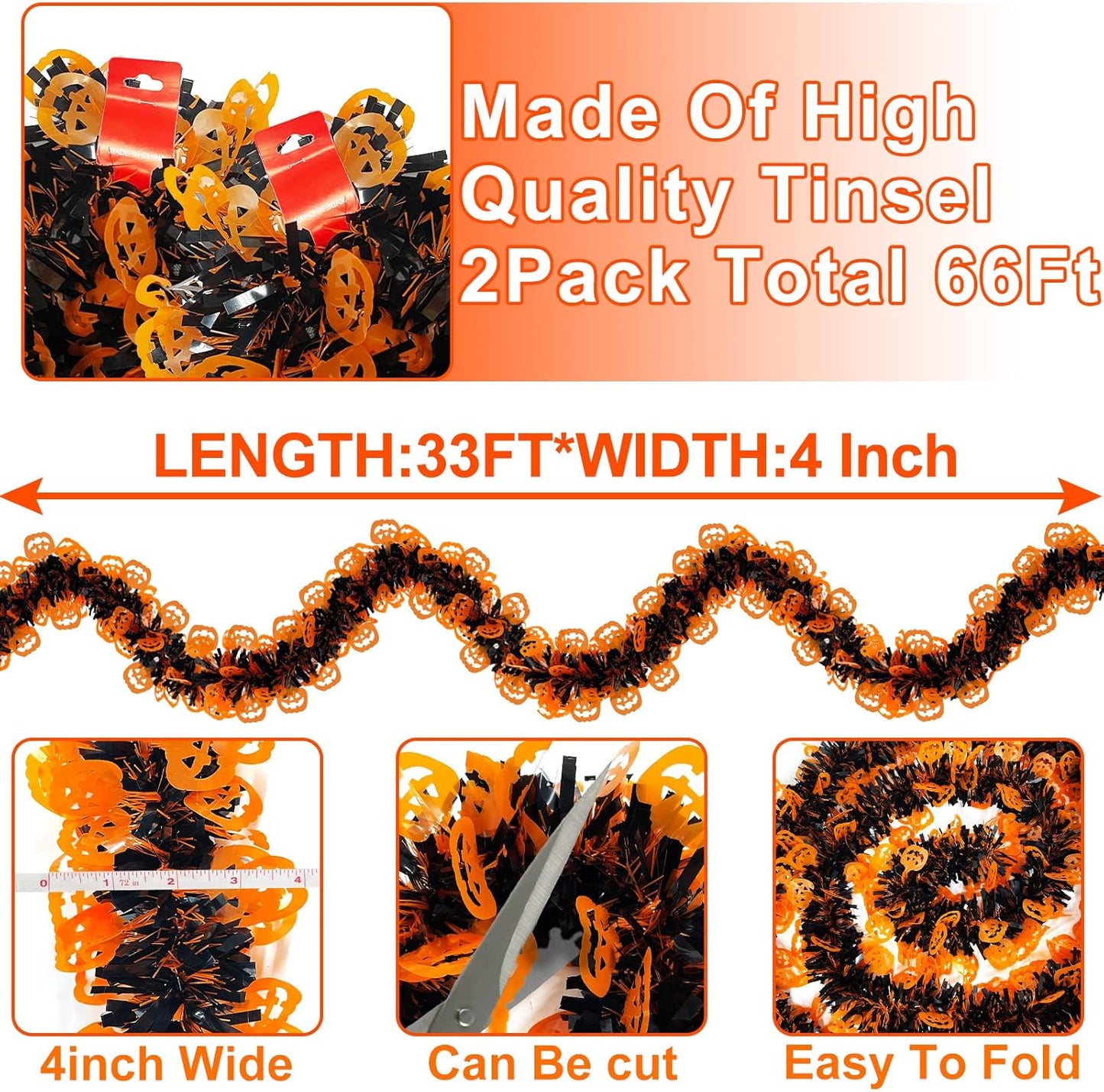 TURNMEON 2 Pack Halloween Garland Total 66 Ft Halloween Tinsel Garland with Black Orange Pumpkin Metallic Twist Black Tinsel Garlands Outdoor Halloweens Decorations Indoor for Home Mantle Door Tree