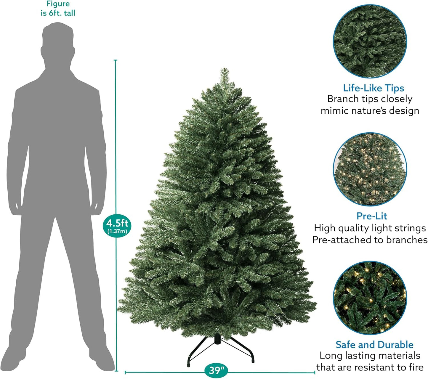 Prague 4.5ft Prelit Artificial Christmas Tree with Foot Pedal, 674 Branch Tips, 250 Warm Lights and Metal Stand, 39" Wide Realistic Spruce Prelit Christmas Tree with Lights by Naomi Home