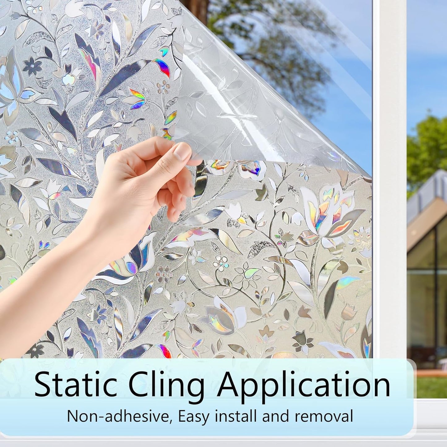 HIDBEA Window Privacy Film, 3D Stained Glass Static Cling - Sun Blocking Anti-UV Heat Control, Reusable Decorative Film for Home/Office Doors, Rainbow Tulip Design (35.4 in x 78.7 in)