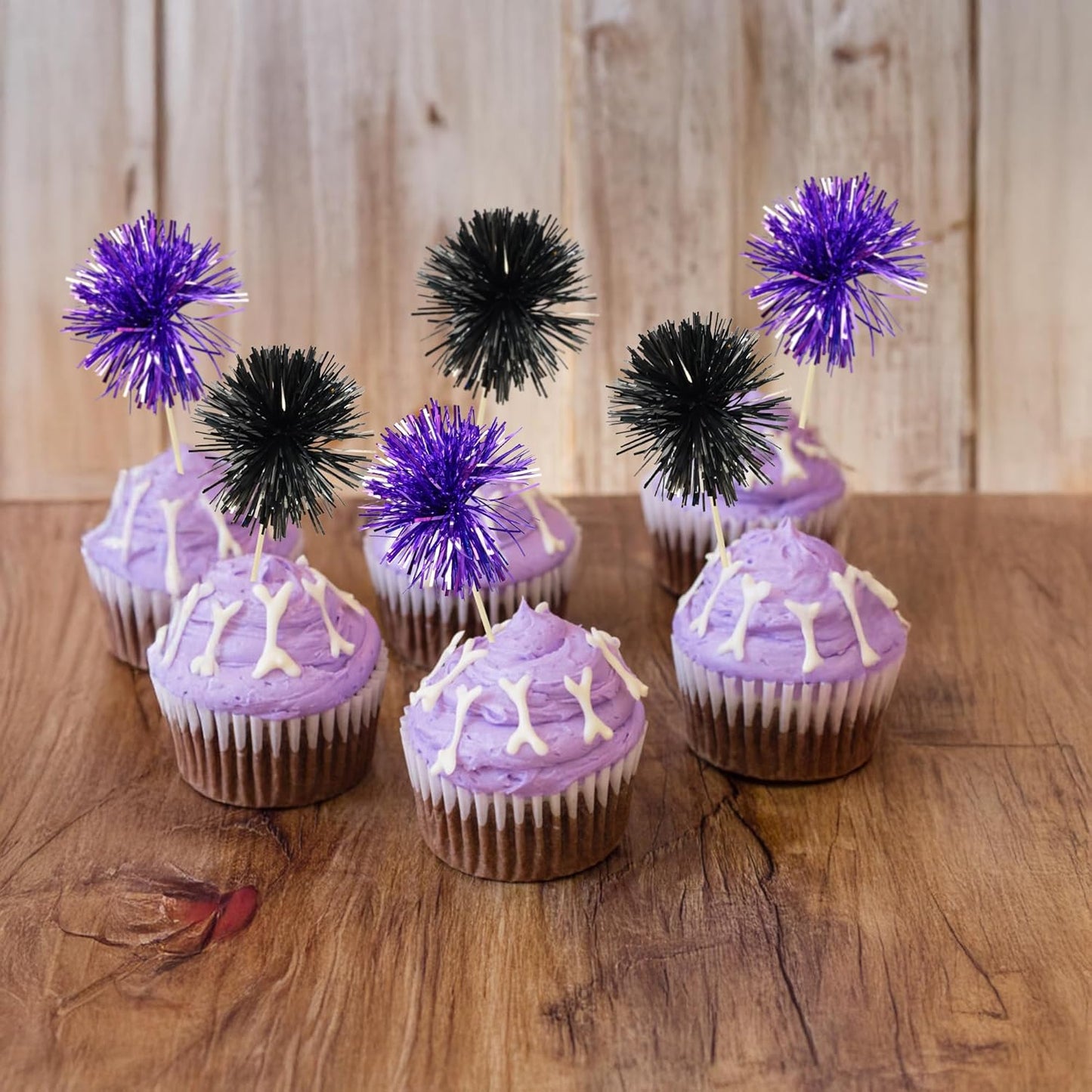 Ephlyn 30Pcs Foil Firework Cupcake Toppers Sparkle Tinsel Cupcake Picks Happy Birthday Cake Decorations Drink Stirrers Cocktail Food Toothpicks for Baby Shower Graduation Party Supplies Black Purple