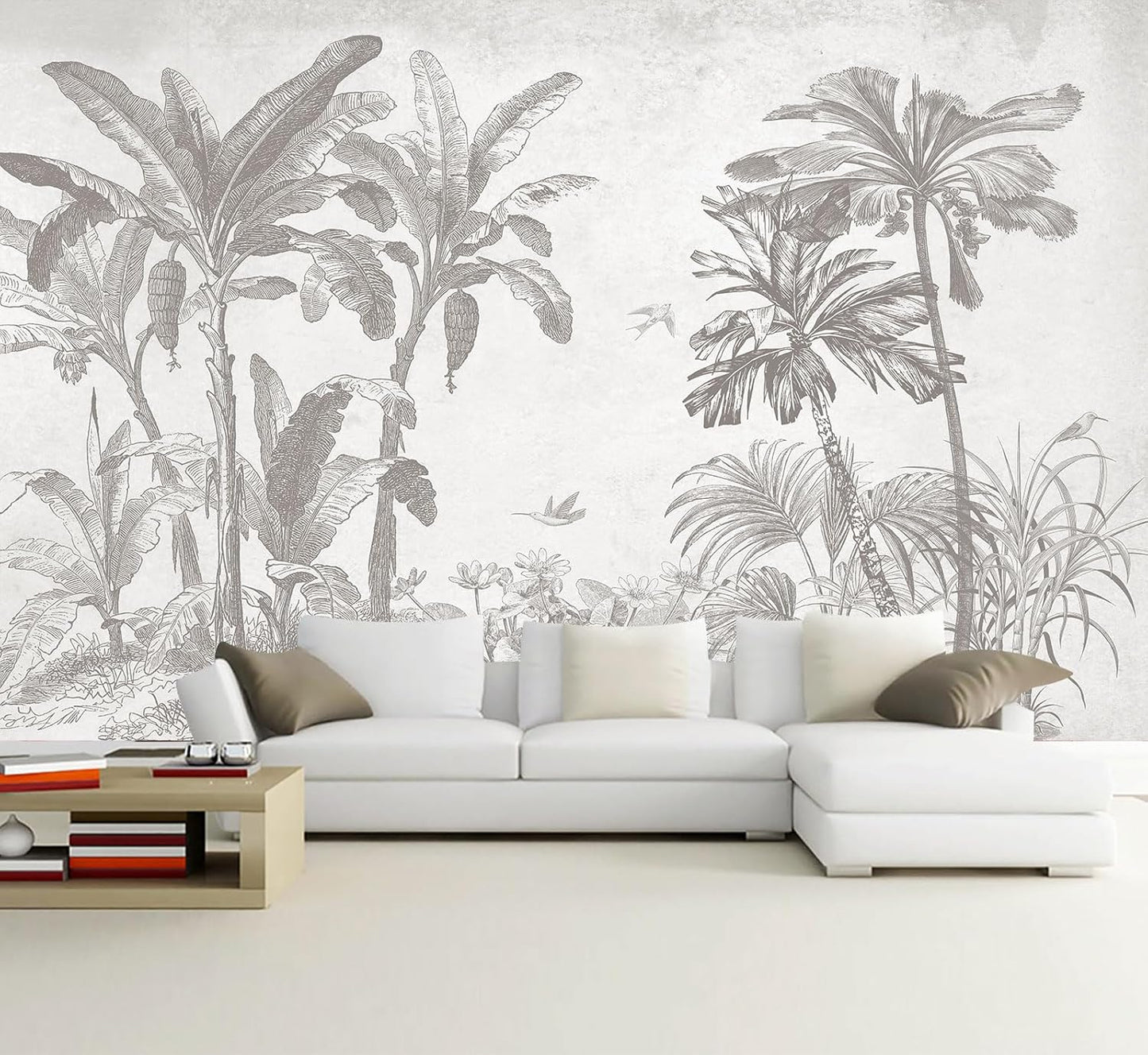 Gray Jungle Landscape Wallpaper Mural Tropical Banana Leaf Wall Mural (Not Peel and Stick)