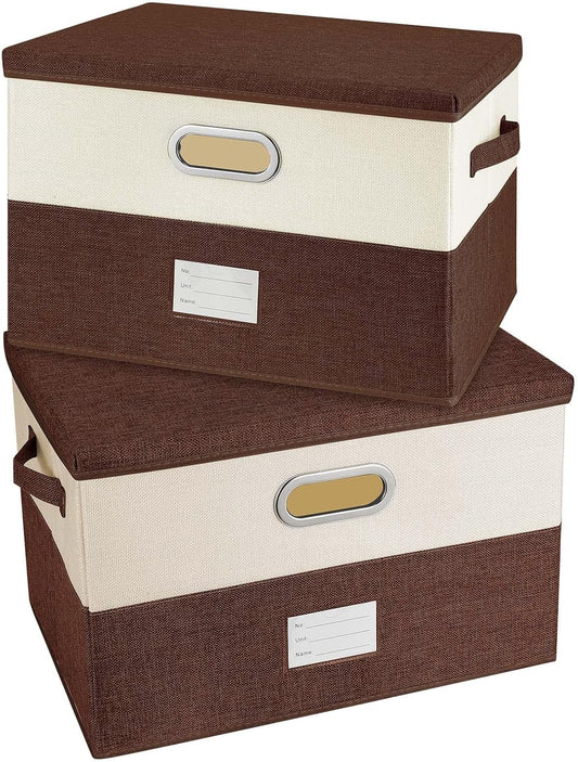 Large Linen Fabric Foldable Storage Bins with Removable Lid and Handles, Washable Storage Box Organizer Containers Baskets Cube with Cover for Bedroom,Office (Coffee&Cream, Large(2-Pack))