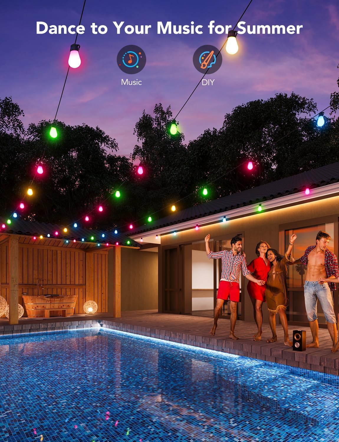 Govee Smart Outdoor String Lights H7015, 48ft RGBIC Outdoor Lights with 15 Dimmable LED Bulbs, IP65 Waterproof, Color Changing Warm White Lights with 47 Scene Modes for Patio, Backyard, App Control