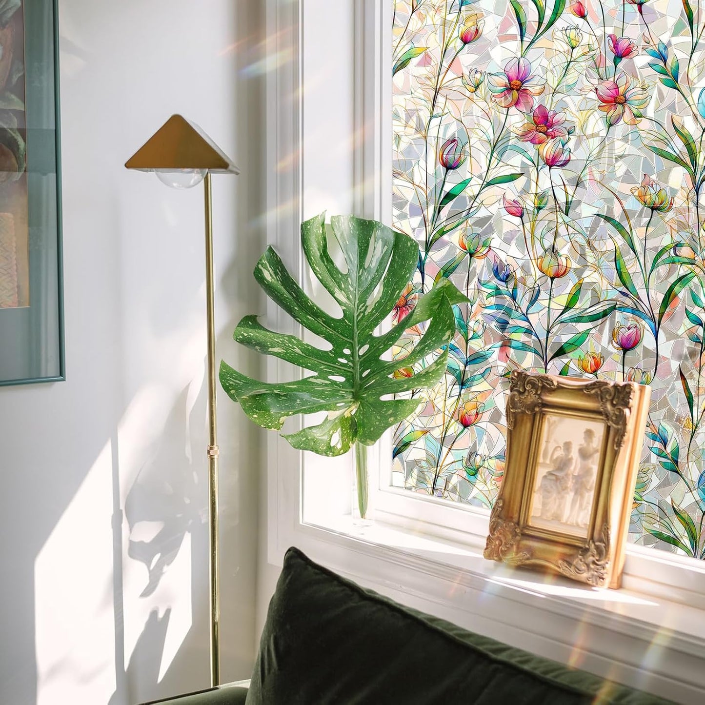 Rainbow Window Privacy Film 3D Floral Decorative Stained Glass Window Film Anti UV Non-Adhesive Reusable 17.5" x 78.7" for Home Room Car Glass Cling