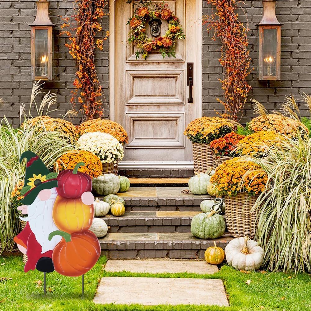 YEAHOME Fall Decorations Outdoor, Metal Gnome with Pumpkin Decorative Garden Stakes for Fall Decor, Autumn Yard Signs for Home Outside Garden Lawn Porch, Thanksgiving Decorations Outdoor (YHMD-476)