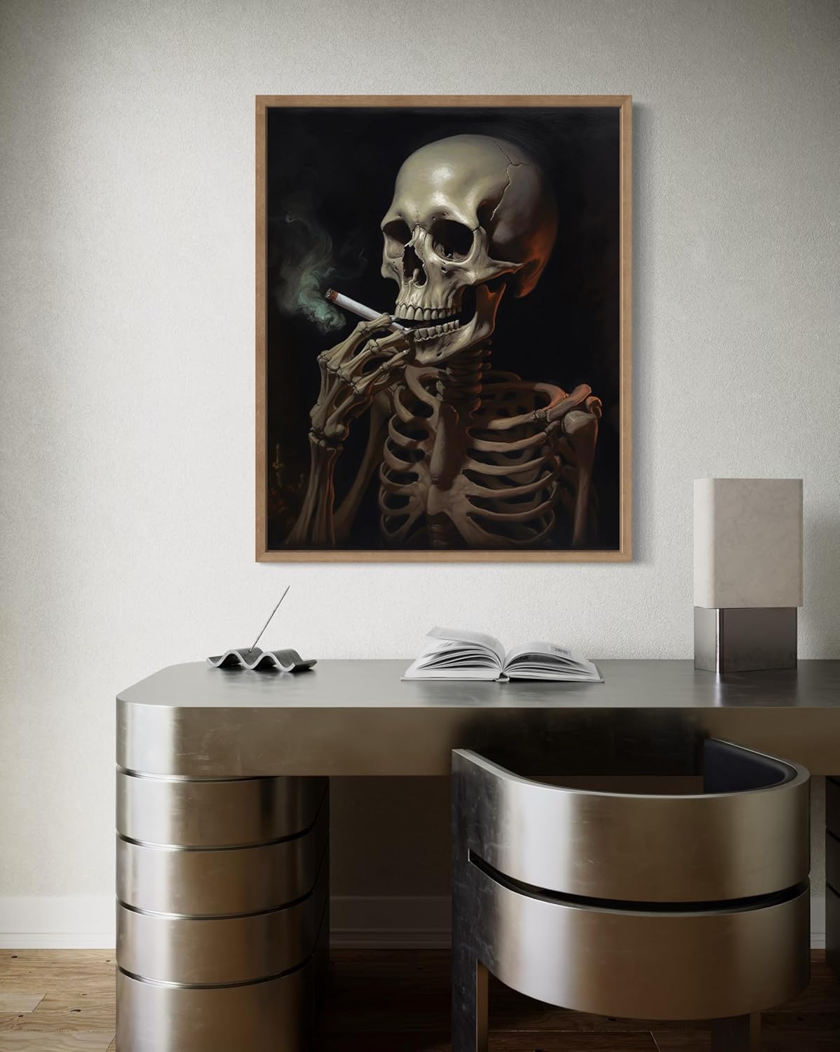 Skull Smoking Ciggarettes Poster Art Print, Halloween Scary Vintage Wall Art Academia Spooky Painting Decoration for Horror Prints, Gothic Posters Bedroom Decor 89 (Skull Smoking Ciggarettes, 16 x 20 inches, Wood Frame)