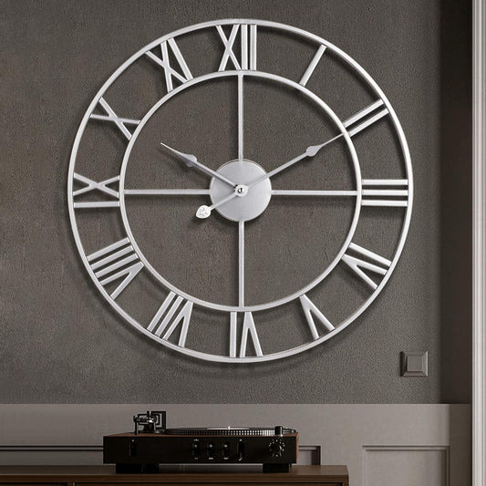 1st owned Large Wall Clock Silent Non-Ticking Roman Numerals Vintage Battery Operated (24 inch,18inch,16inch) Farmhouse Wall Clock for Living Room, Bedroom, Kitchen, Cafe Decor-Silver 47CM