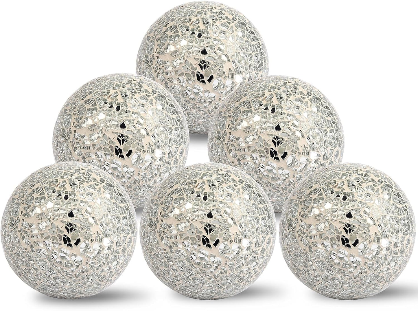 6Pcs Decorative Ball for Bowls, 8cm/3.15inch Mosaic Glass Centerpiece Decoration Balls Mirror Glass Ball Fillers for Home Decor Dining Tables Wedding Party (Sliver)