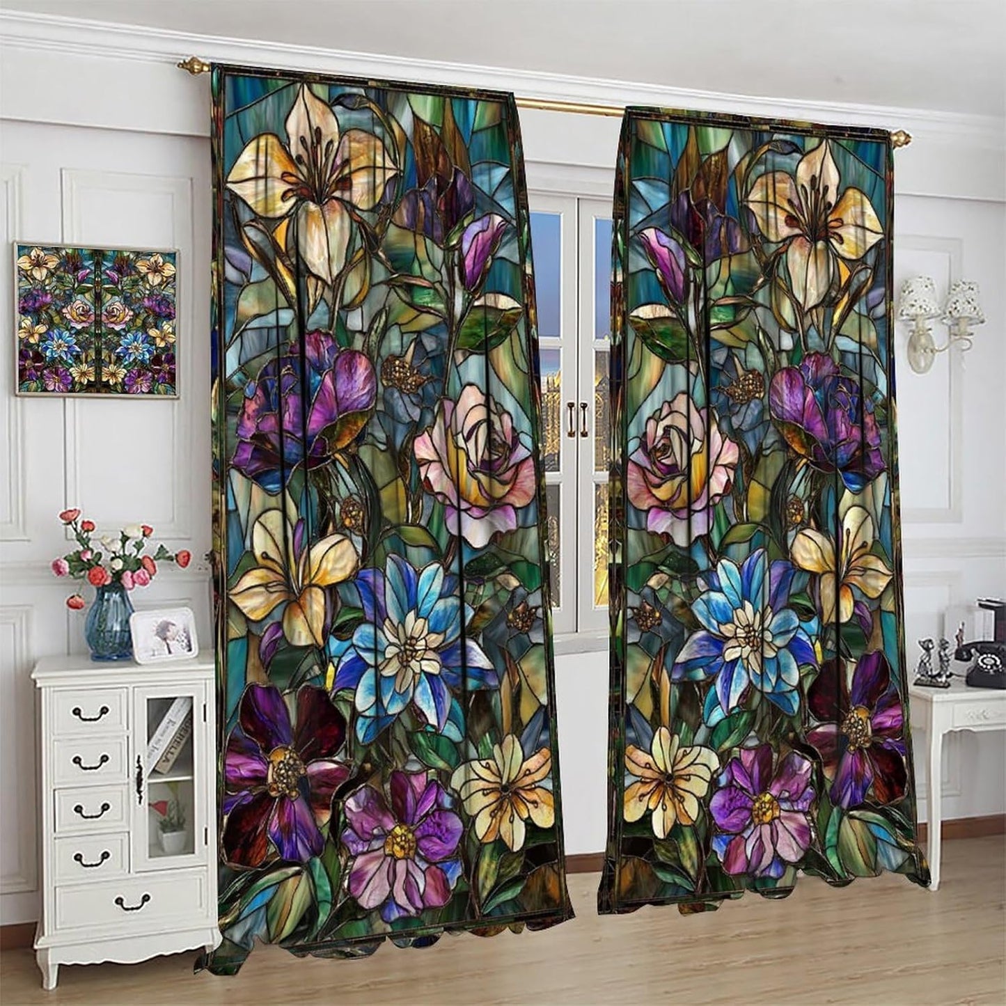 Stained Glass Curtains,Retro Colored Glass Flowers Art Home Decor Drapes for Bedroom Living Room Kitchen Window Treatment 2 Panels Set Total Size 42" W X 45" L Inch