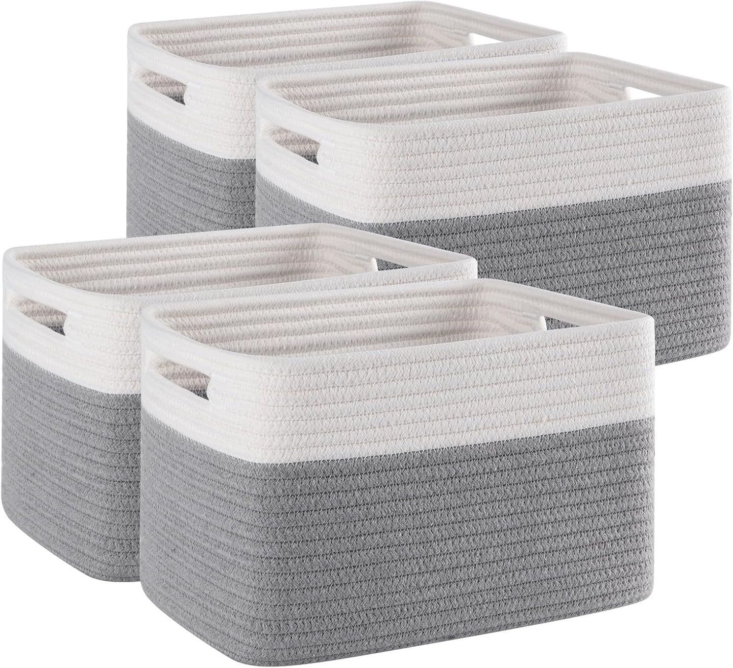 4 Pack Storage Baskets for Organizing, Woven Baskets for Shelves - Perfect for Toys, Books, Towels, and Clothes, Durable Gift Basket Bins Toy Storage, 12.7''L x9''W x7.8''H, Grey and White