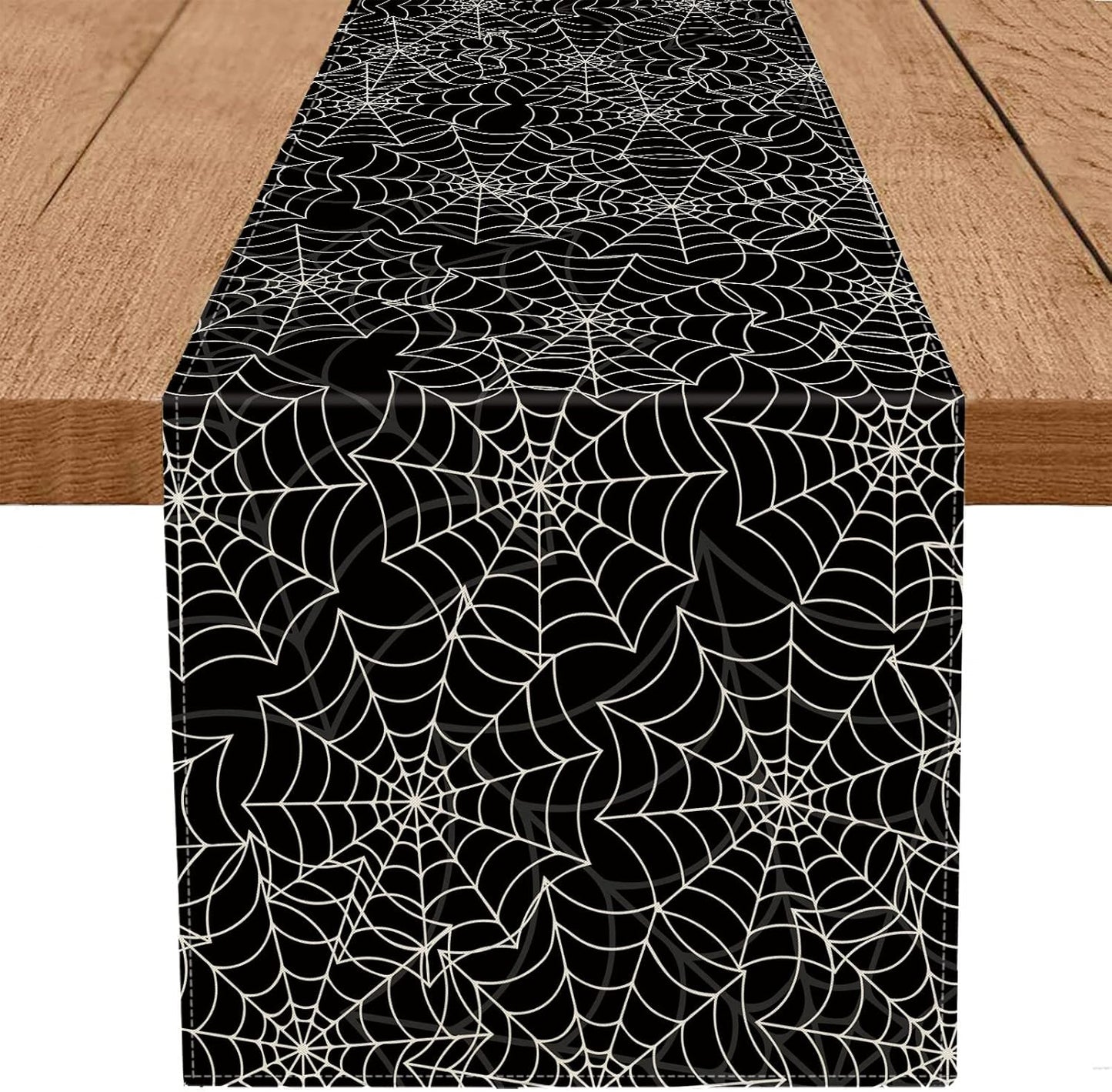 Halloween Table Runner Spider Web Black Linen Table Runners for Seasonal Holidays Indoor Outdoor Kitchen Dining Party Home Decor 13 x 72 Inch