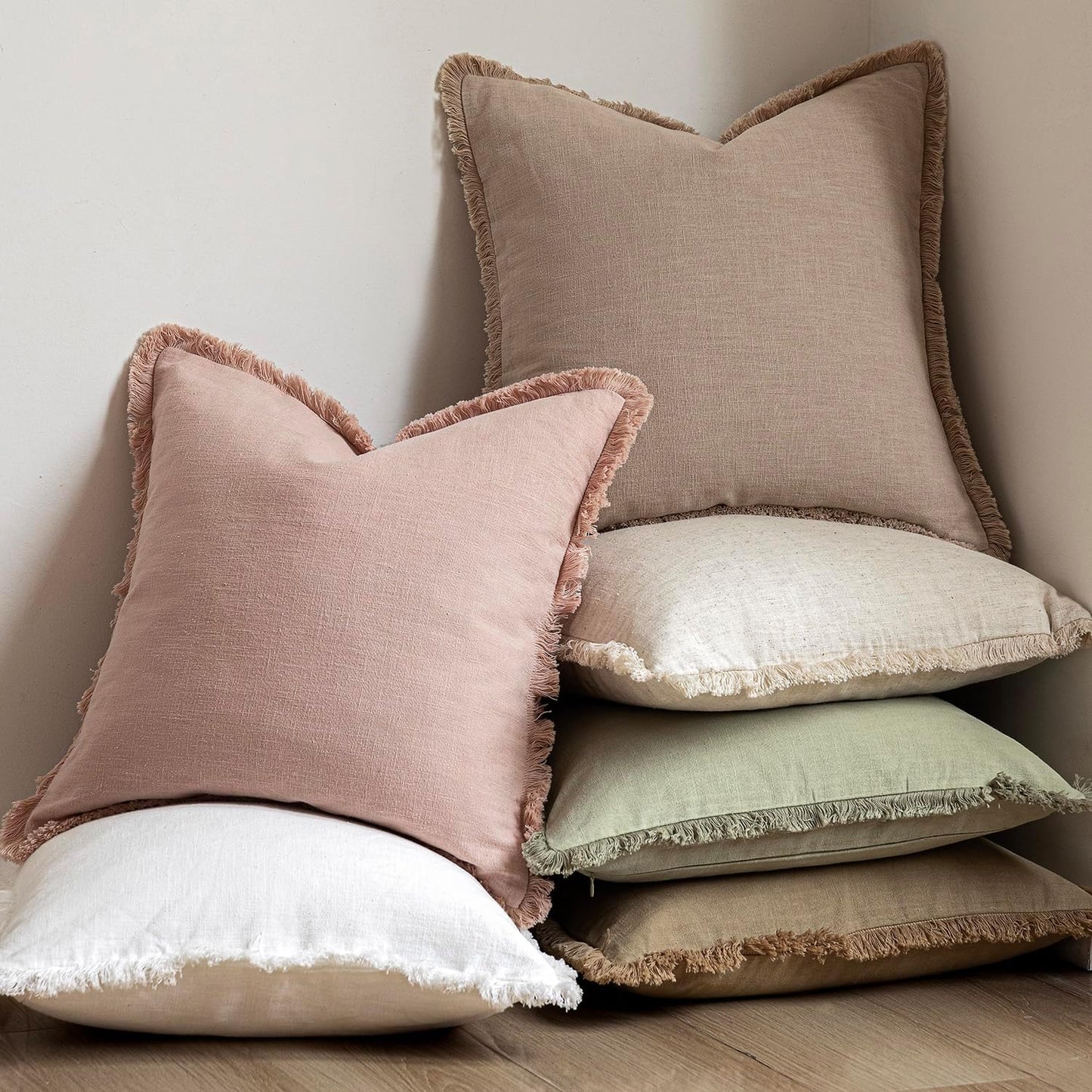 Foindtower Set of 2 Decorative Linen Fringe Throw Pillow Covers Boho Farmhouse Cushion Cover with Tassels Soft Accent Pillowcase for Couch Chair Sofa Bed Living Room Home Decor,22×22 Inch,Light Pink