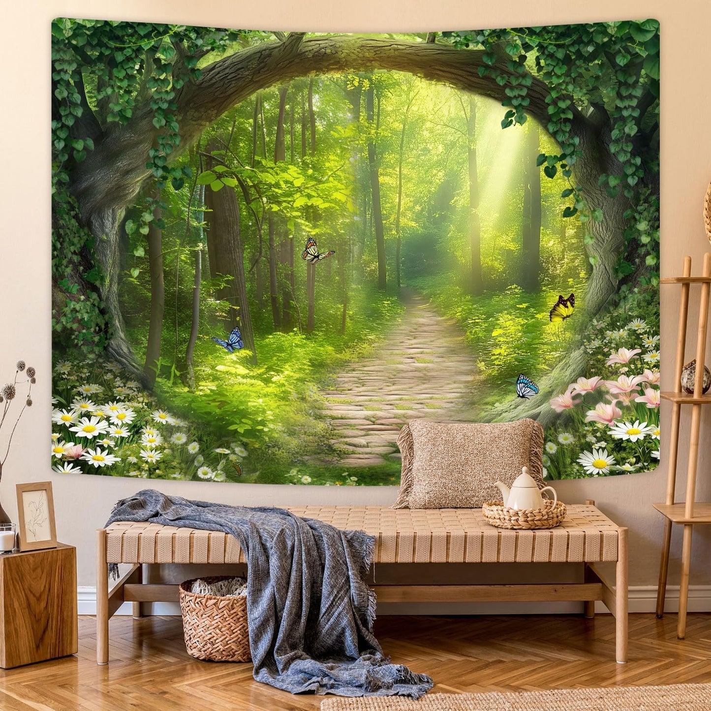 Nature Enchanted Forest Tapestry, Fantasy Green Jungle Woodland Lanscape Tapestries Wall Hanging, Psychedelic Fairy Tree Cave Forest Tapestry for Bedroom Backdrop Office, 60X40