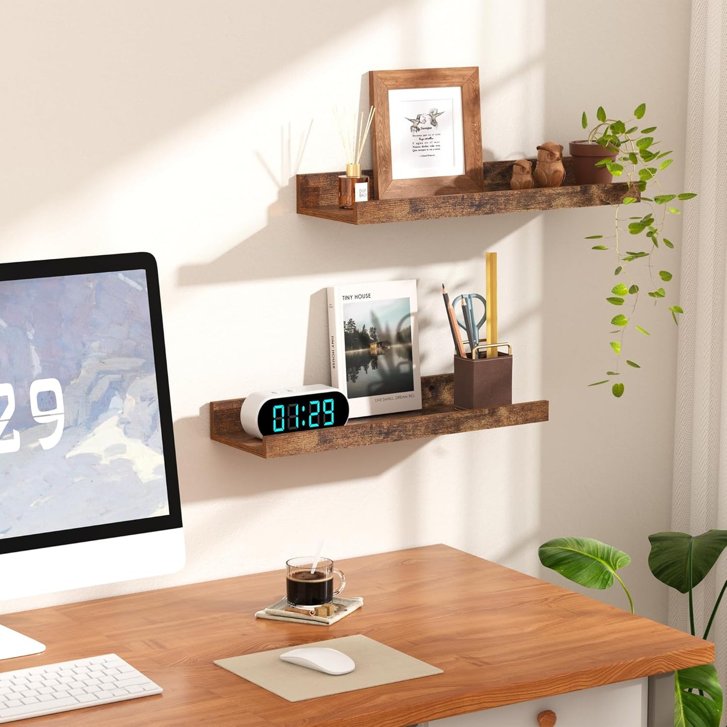 upsimples Floating Shelves for Wall, Wall Shelves for Decor Storage Set of 6, Wall Mounted Wood Shelf for Bedroom, Living Room, Bathroom, Kitchen, Picture Ledge Shelf, Brown