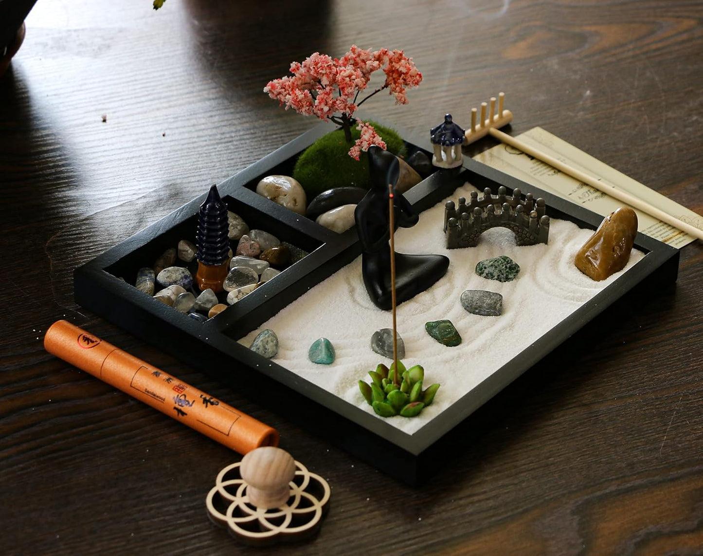Desktop Meditation Yoga Garden Kit with Japanese Tabletop Rock Sand Chakra Shrine Altar, Home Office Desk Zen Decor, Gifts for Women & Men, Birthday, Includes Rake Tool & Accessories