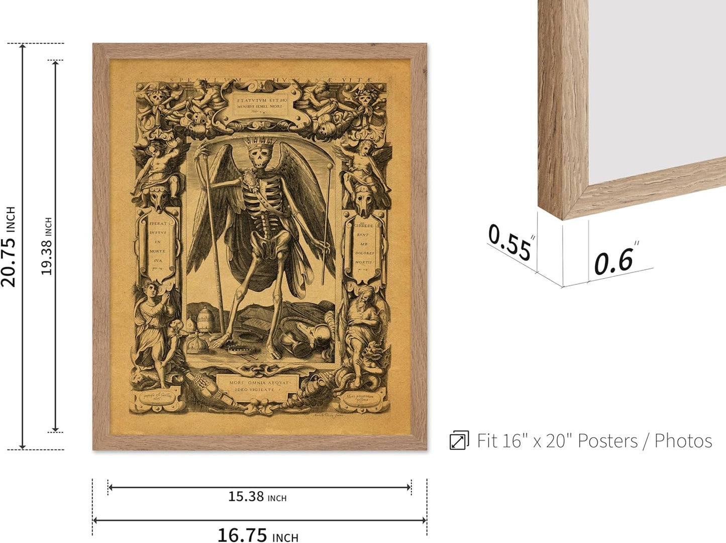 Poster Master Vintage Medieval Poster - Retro Gothic Print - Gift for Artist, Friend - Angel of Death, Memento Mori, Life, Skeleton, Dark - Wall Decor for Home, Living Room, 16x20 Beige Framed