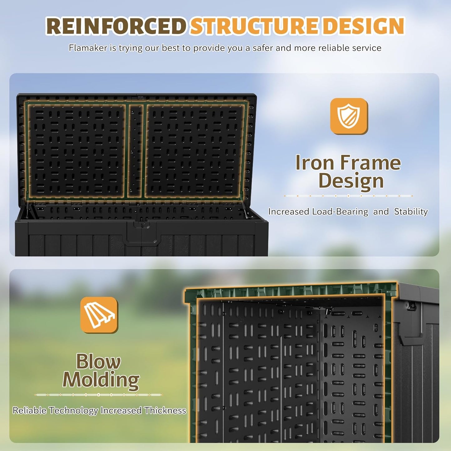 Flamaker Resin Deck Box 250 Gallon, Waterproof Imitation-Wood Lockable Storage Box with Separator Plate Outdoor Indoor, Garden, Patio Furniture for Tools&Pool Accessories (Black)