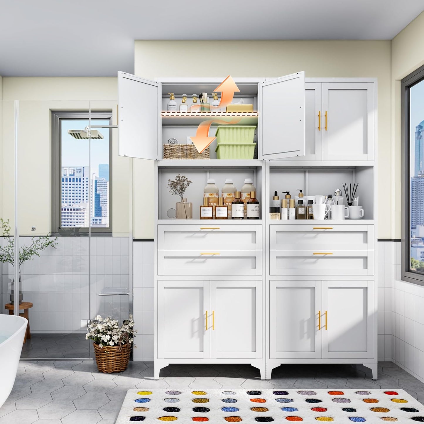 75” Tall Kitchen Pantry Storage Cabinet, Metal Bathroom Storage Cabinet with 2 Drawers and Adjustable Shelves, Kitchen Pantry Cupboard, Freestanding Cupboard for Bathroom, Living Room (White)