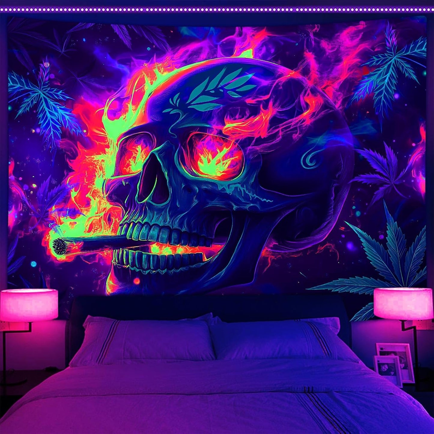 Blacklight Skeleton Tapestry, Glowing Skull UV Reactive Gothic Wall Hanging Tapestries, Glow in the Dark Grim Reaper Magic Horror Face Halloween Poster Tapestry for Bedroom Living Room Decor 60X40IN