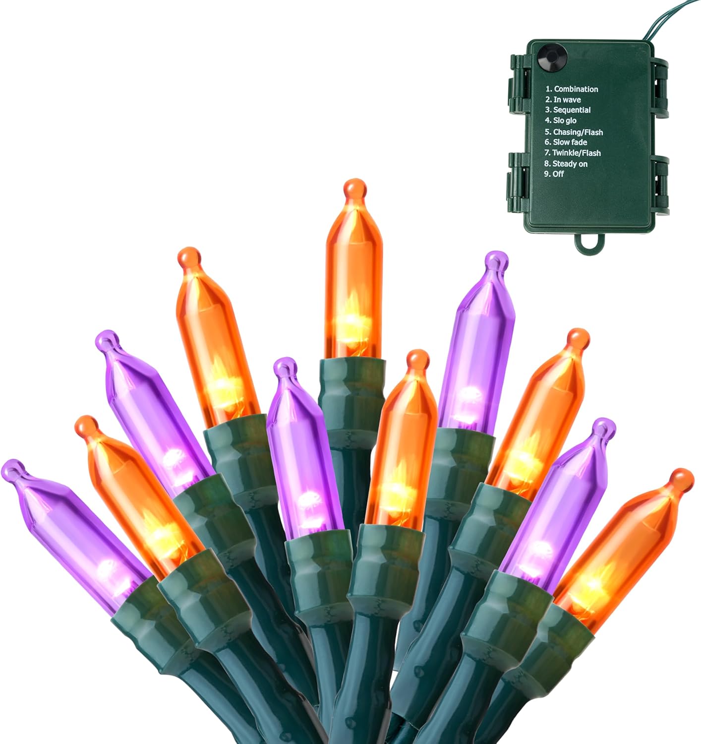 Joiedomi 16.3FT Orange&Purple Halloween Lights,50 Count Battery Operated Christmas String Tree Fairy LED Lights with 8 Modes,Multifunction Green Wire with Timer for Xmas Decor Party Holiday House