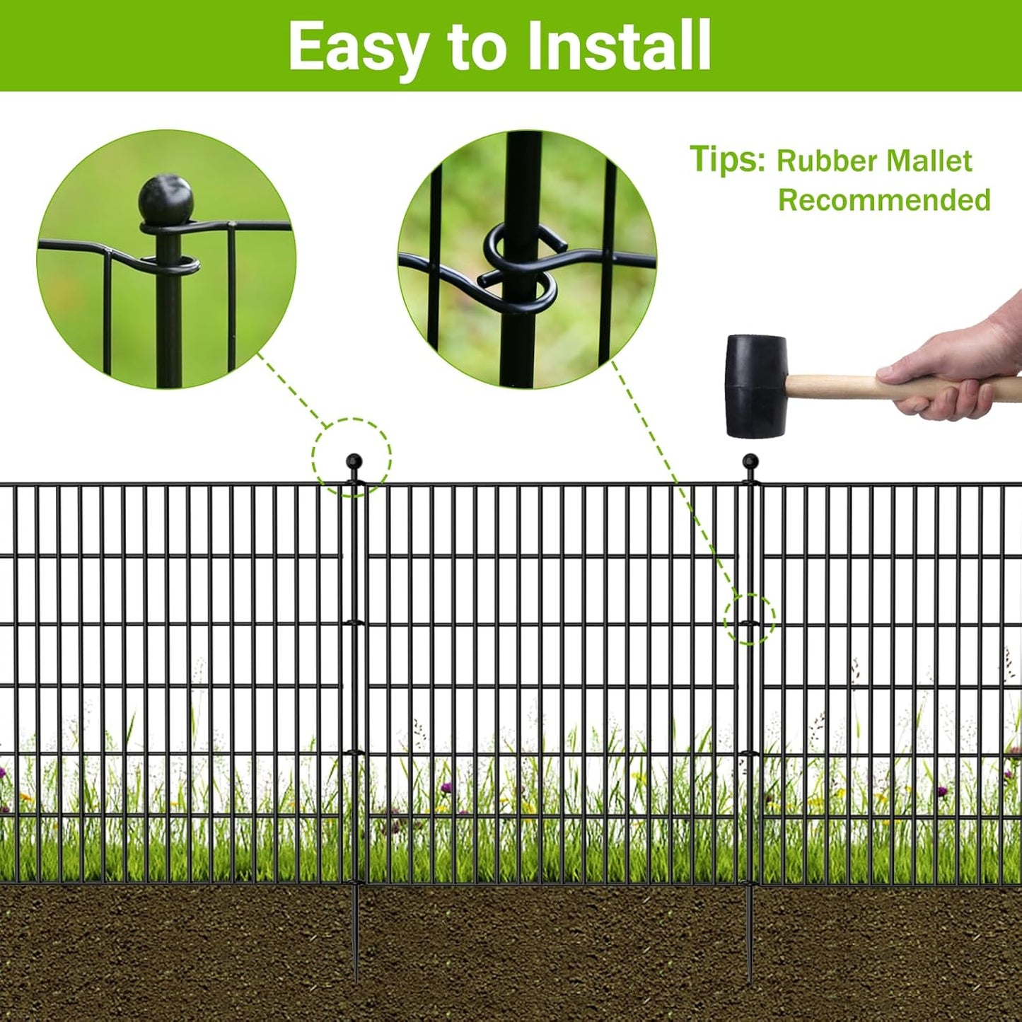 5 Panels No Dig Decorative Outdoor Garden Fence for Yard, 24 in(H) X 10 ft(L) Animal Barrier Fencing Rustproof Metal Wire Panel Border for Dog, Rabbits, and Patio Temporary Ground Stakes