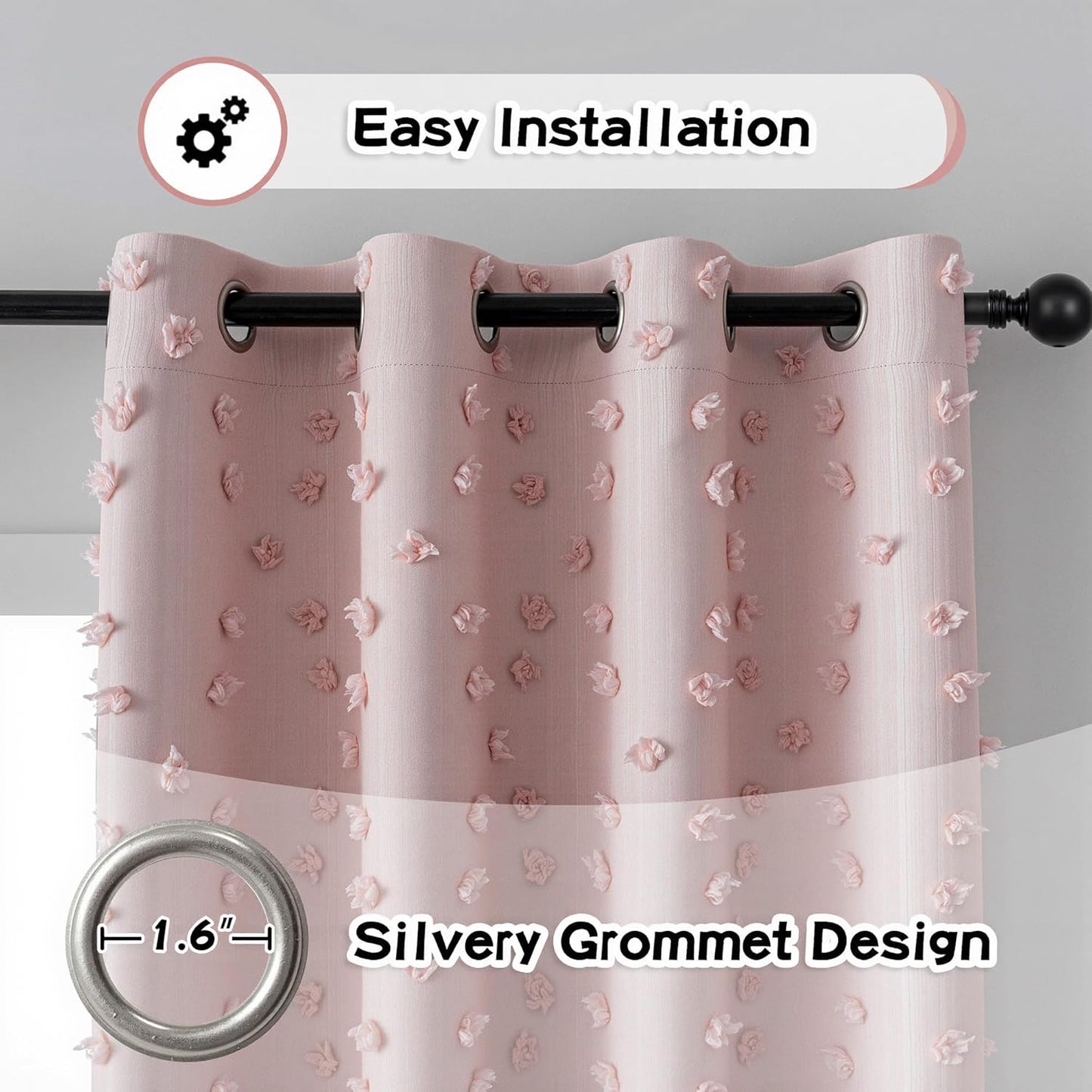 MYSKY HOME 100% Blackout Curtains for Nursery Thermal Insulated Blush Pink Pom Pom Curtain 72 Inch Length for Girls Bedroom 2 Panels Grommet White Sheer Drapes for Kitchen Dining Room Door, 52W x 72L