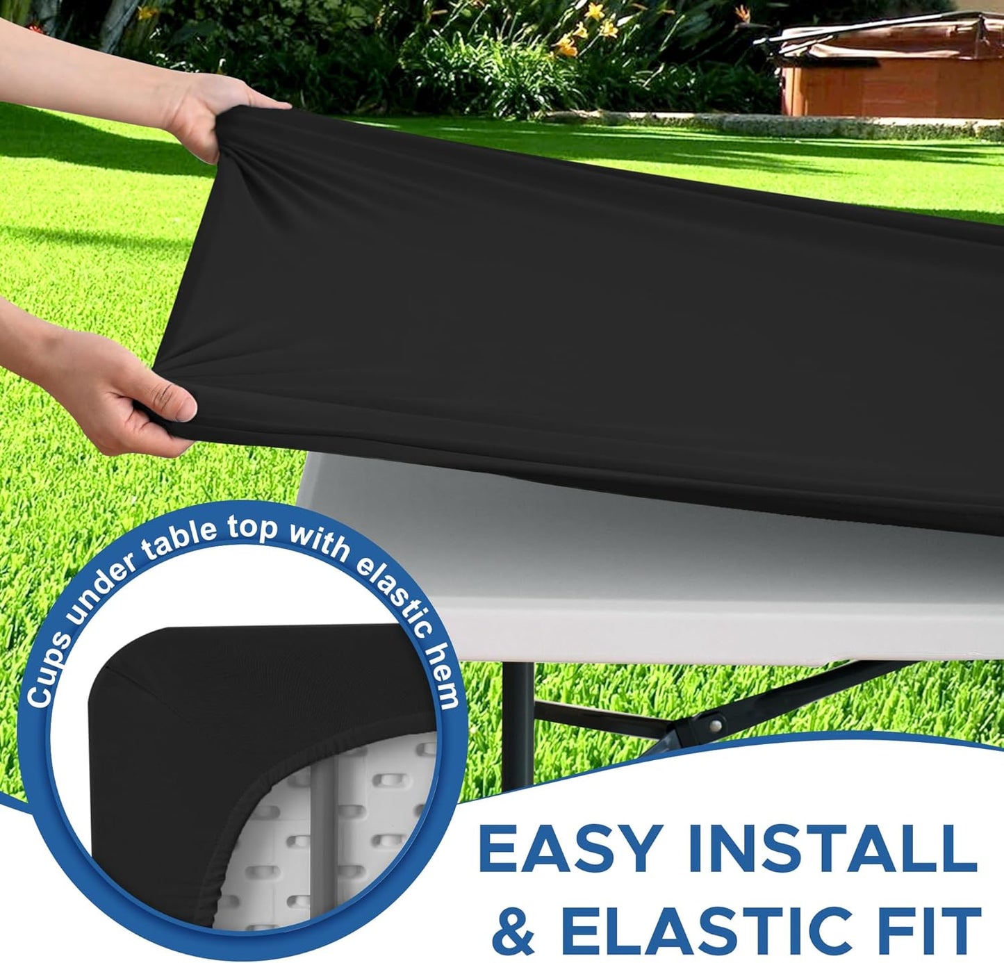 Fitted Tablecloth for 8 Foot Rectangle Tables-6 Pack Black Elastic Outdoor Picnic Table Cover-Spandex Stretch Folding Table Cloths 8ft for Camping Dining Room Patio Kitchen Banquet Party