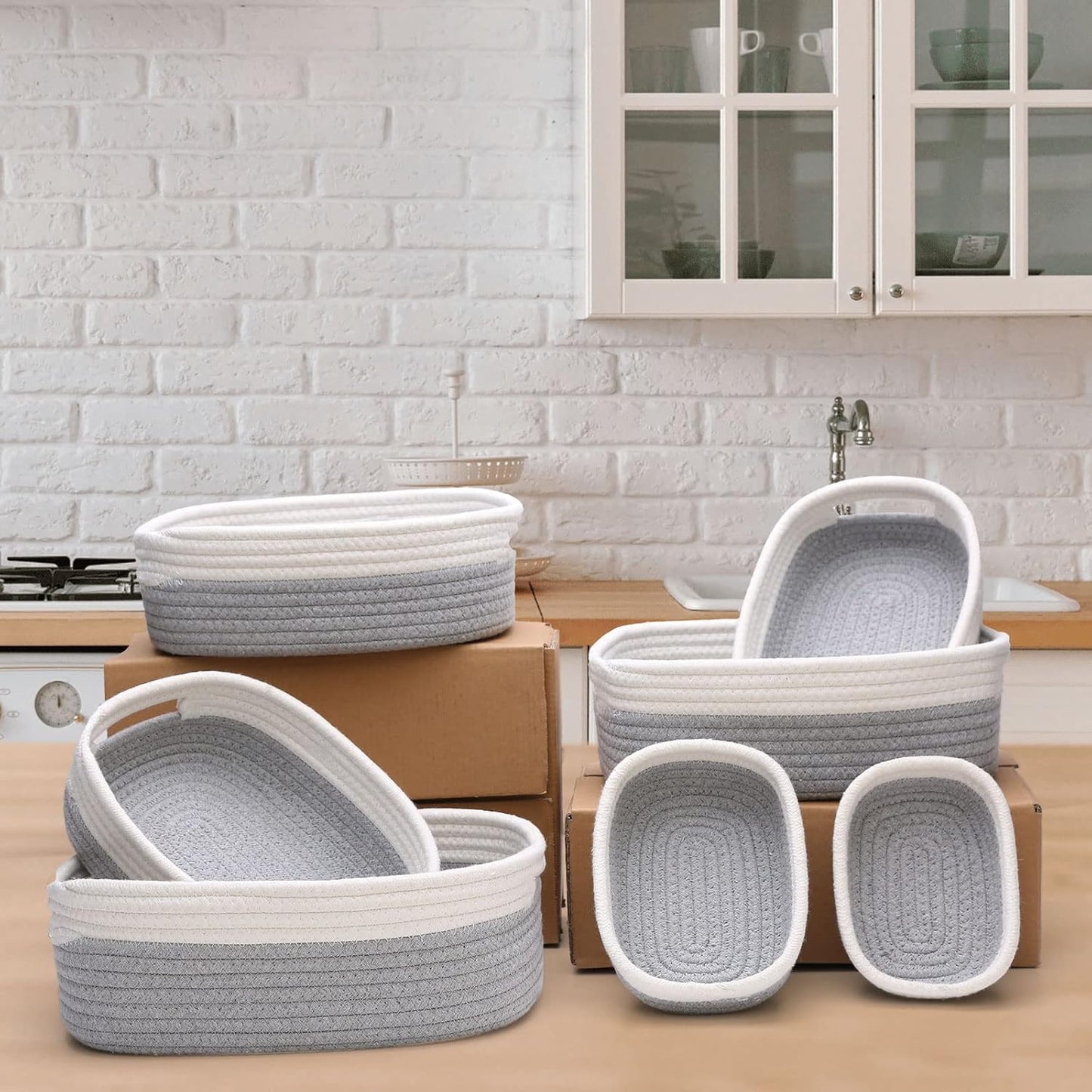 7 Piece Cotton Rope Woven Basket Set - Small Basket for Baby Nursery, Pets, Montessori, Dog & Cat Toy Boxes, Bathroom Organization Bins (White/Gray)
