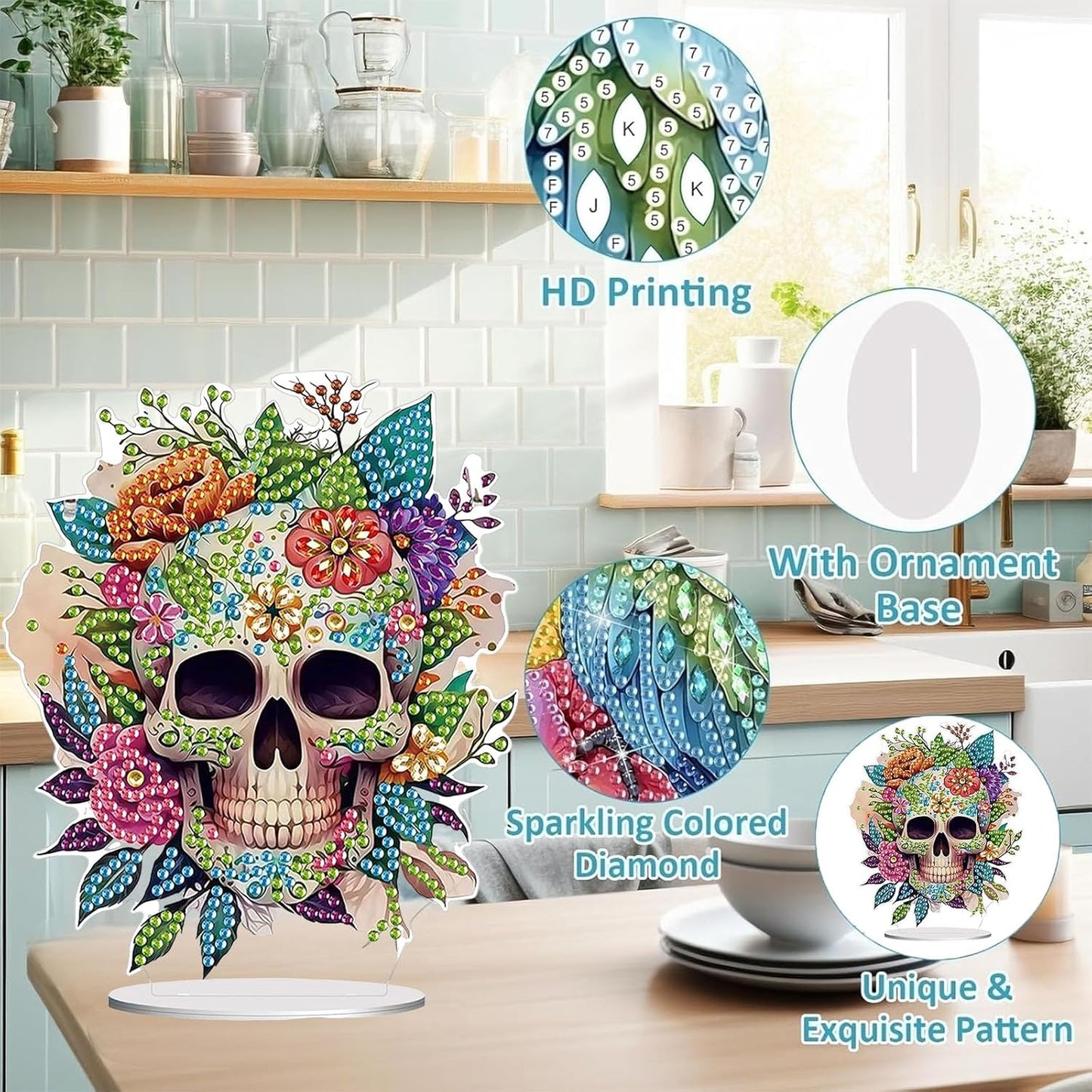 Diamond Painting Kits for Adults Beginners, 5D Full Drill Skull Crystal Art Desktop Ornament, DIY Single Sided Home Office Desk Decor, Creative Craft Gift Set with Tools