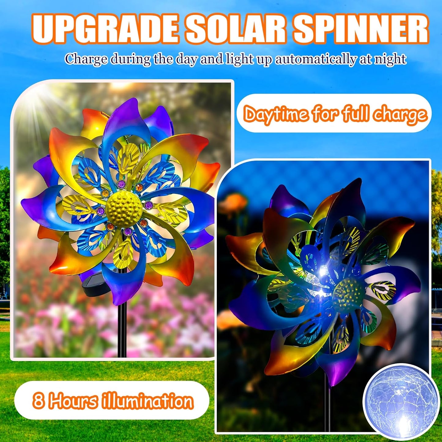 60 Inch Solar Wind Spinner Outdoor - Double-Sided Rotating Colorful Kinetic Wind Spinners for Garden, Yard Decorations Outdoor,Metal Wind Sculptures & Spinners, Wind Art