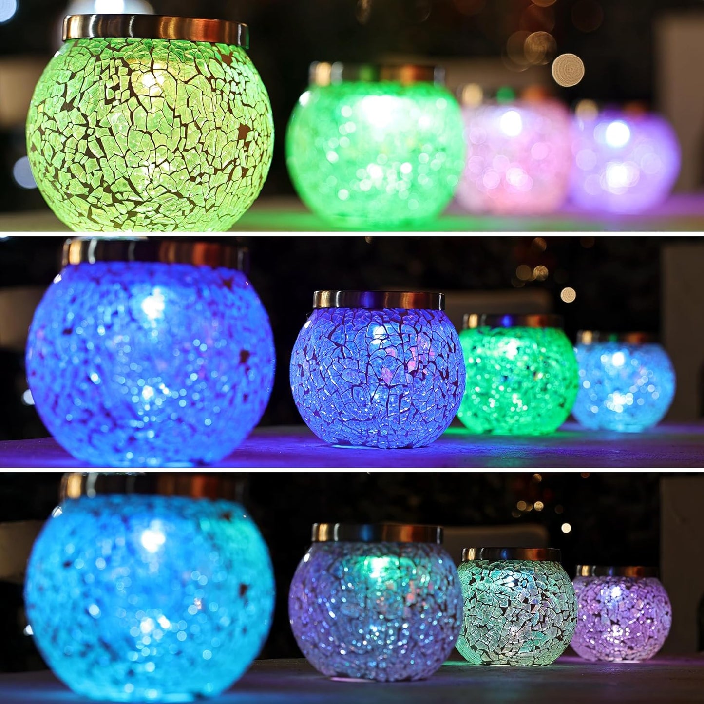 Cooo 6 Pack Heavy Solar Mosaic Crackle Glass Lights with Dual Solar Panels, Color-Changing RGB Lantern, Exclusive Dazzling Glass, Waterproof Outdoor Table Lamps Garden Lamp Landscape Path Light