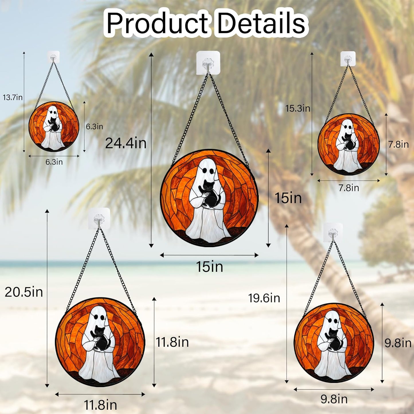 Stained Glass Window Hanging - Halloween Cute White Ghost Black Cat Suncatcher for Doors Garden Home Spooky Orange Sun Catchers Gothic Decor Horror Gift for Women Men Friend Boy Girl 11.8 in