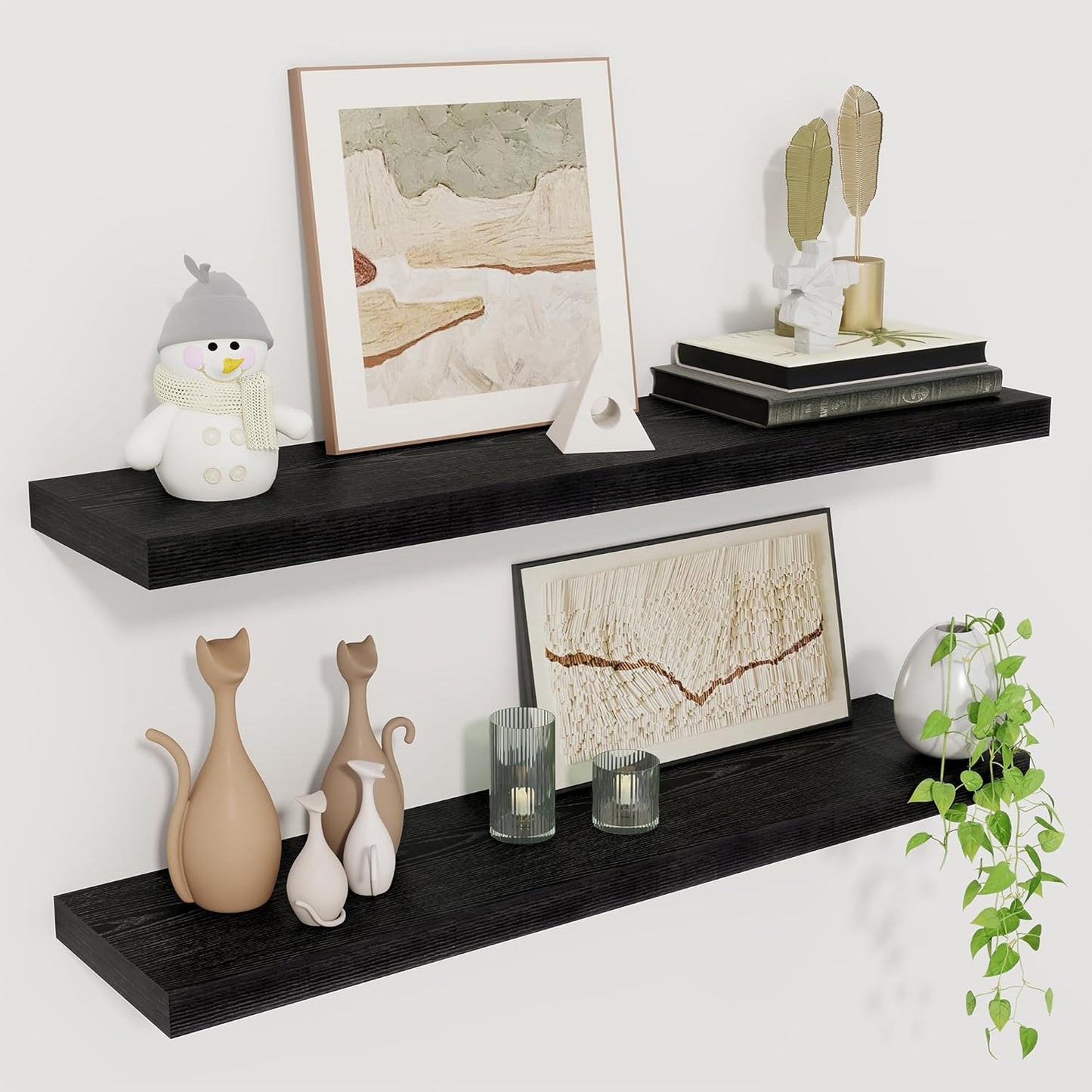 Fun Memories Floating Shelves for Wall, 27.5" Rustic Wood Deep Wall Mounted Shelves with Invisible Brackets for Decor & Storage, Floating Shelf for Living Room, Bathroom (Black, Set of 2)