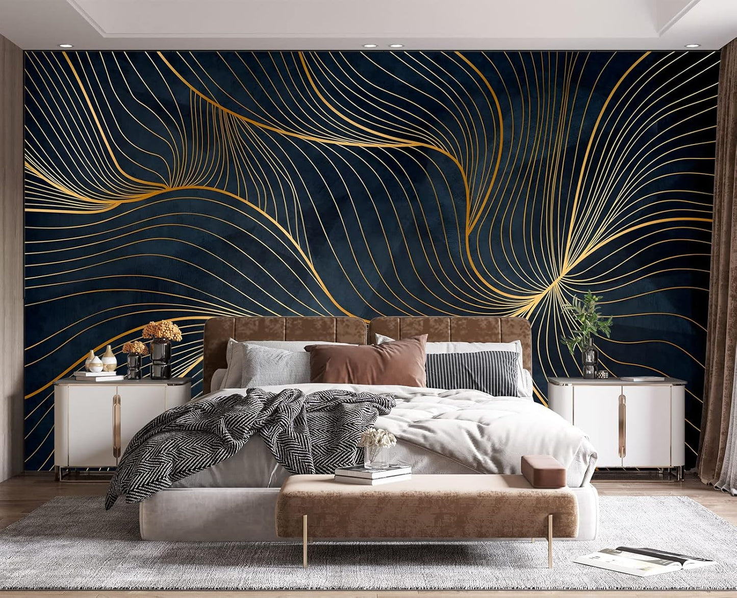 Simple Golden Lines Wall Mural Wallpaper for Bedroom 137" x 100"