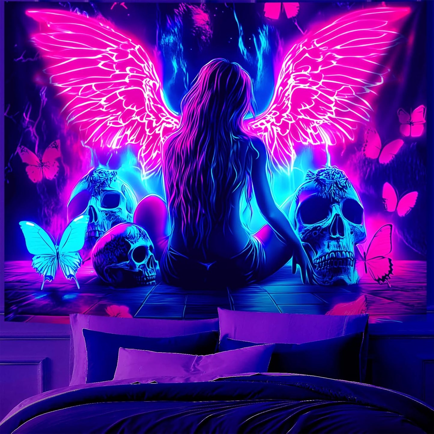 Blacklight Tapestry,WingTapestry Glow In The Dark,UV Reactive Black Light Upright Posters Wall Hanging for Bedroom Dorm Living Room Backdrop Decor (wing12, 79L" x 59W")