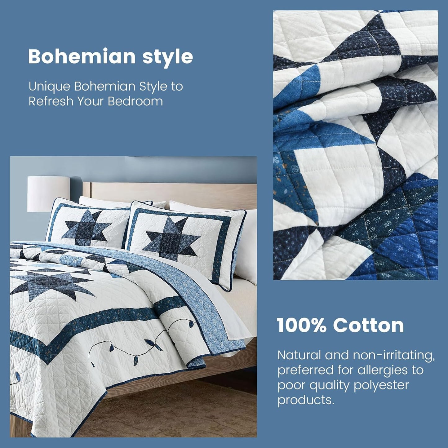 Secgo Handmade Quilted 100% Cotton Queen Comforter Set for Bed - 100% Cotton Quilts Queen Size, Black Bedspreads (90 * 96 Inch) with 2 Pillow Shams, Patchwork Reversible Lightweight Bedding