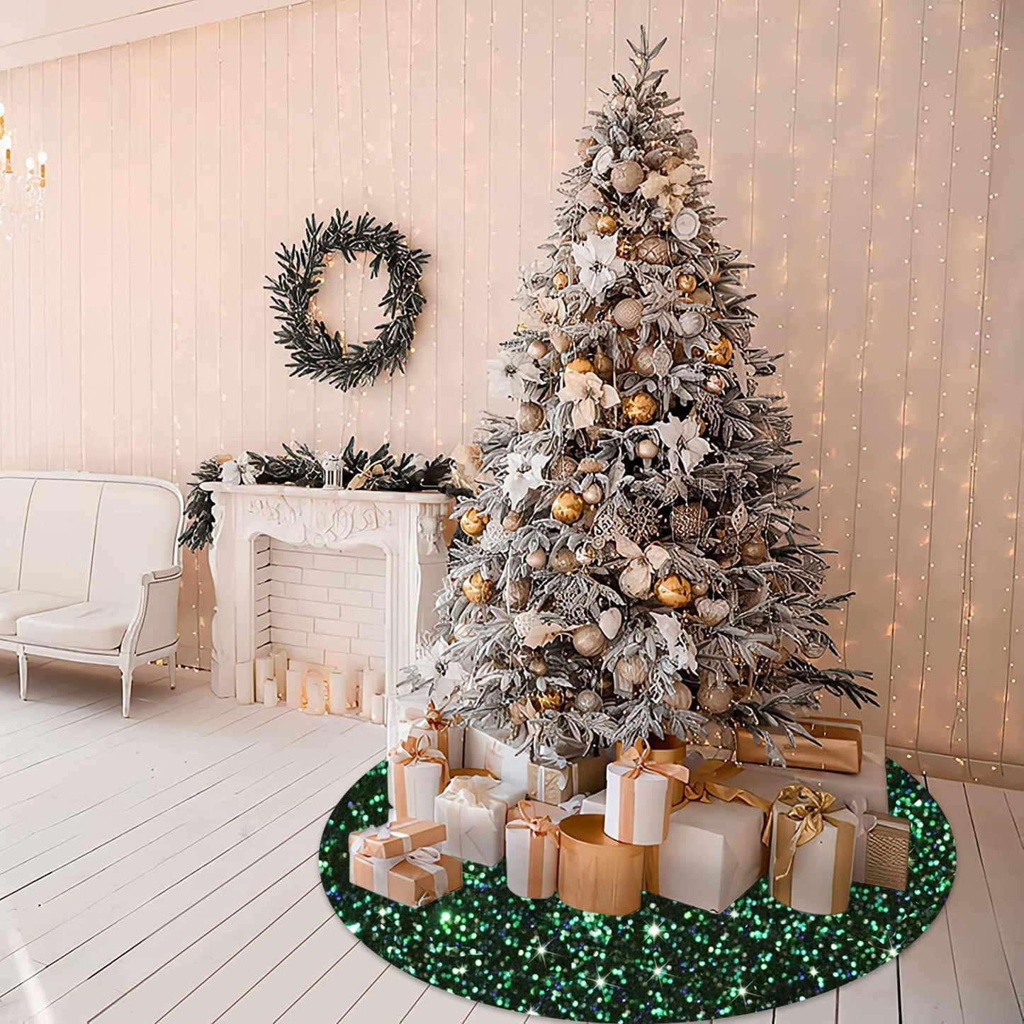 MODFUNS Green Christmas Tree Skirt Black Sparkly Tree Skirt 36 Inch Sequin Velvet Tree Skirts for Artificial Trees Glitter Xmas Tree Skirts Vintage Xmas Tree Collar for Christmas Home Supplies