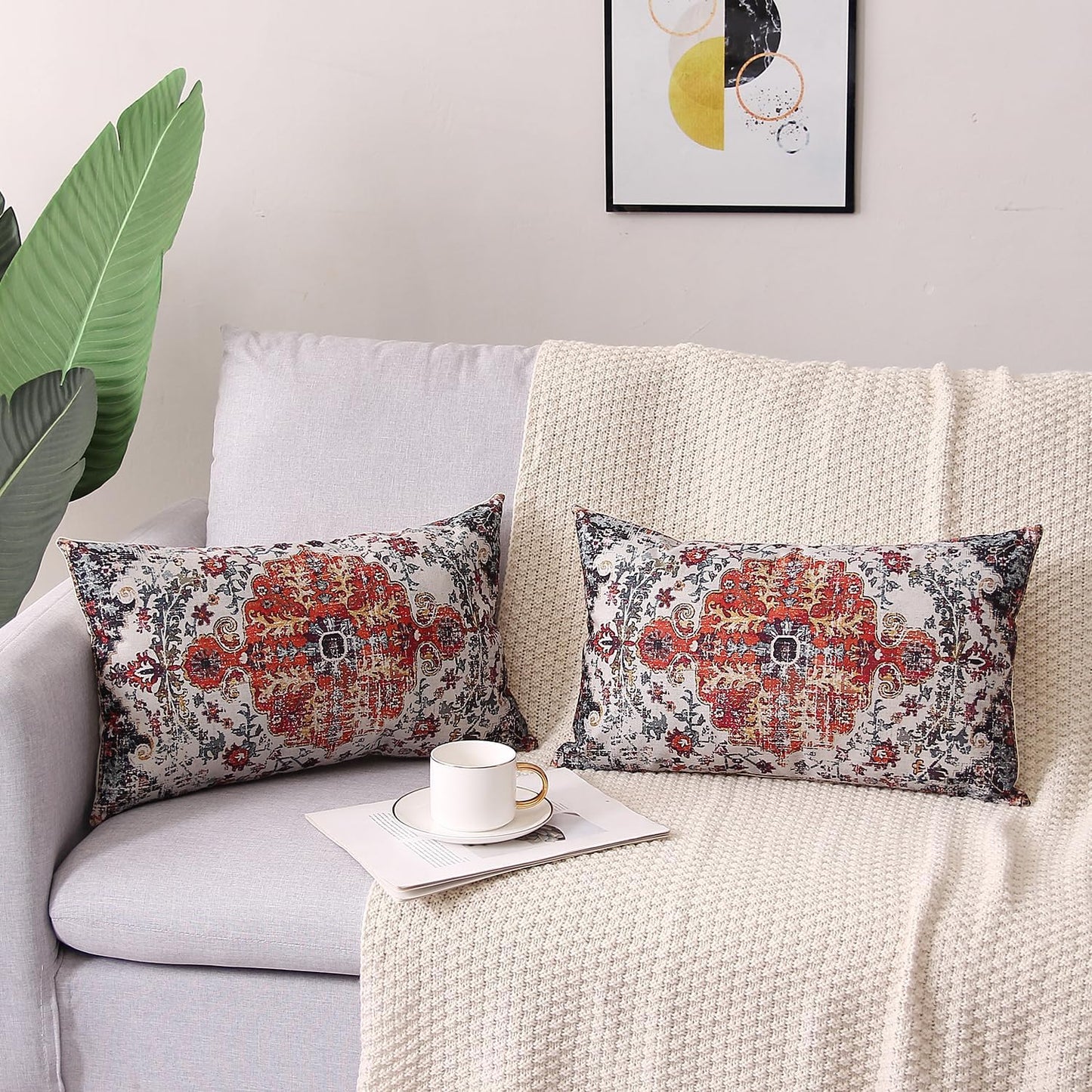 Outdoor Waterproof Pillow Set of 2 - 12X20 Inch Bohemian Vintage Carpet Pattern, Blue & Burnt Orange, Ethnic Design, Decorative Farmhouse Pillow Covers for Couch, Garden, Balcony