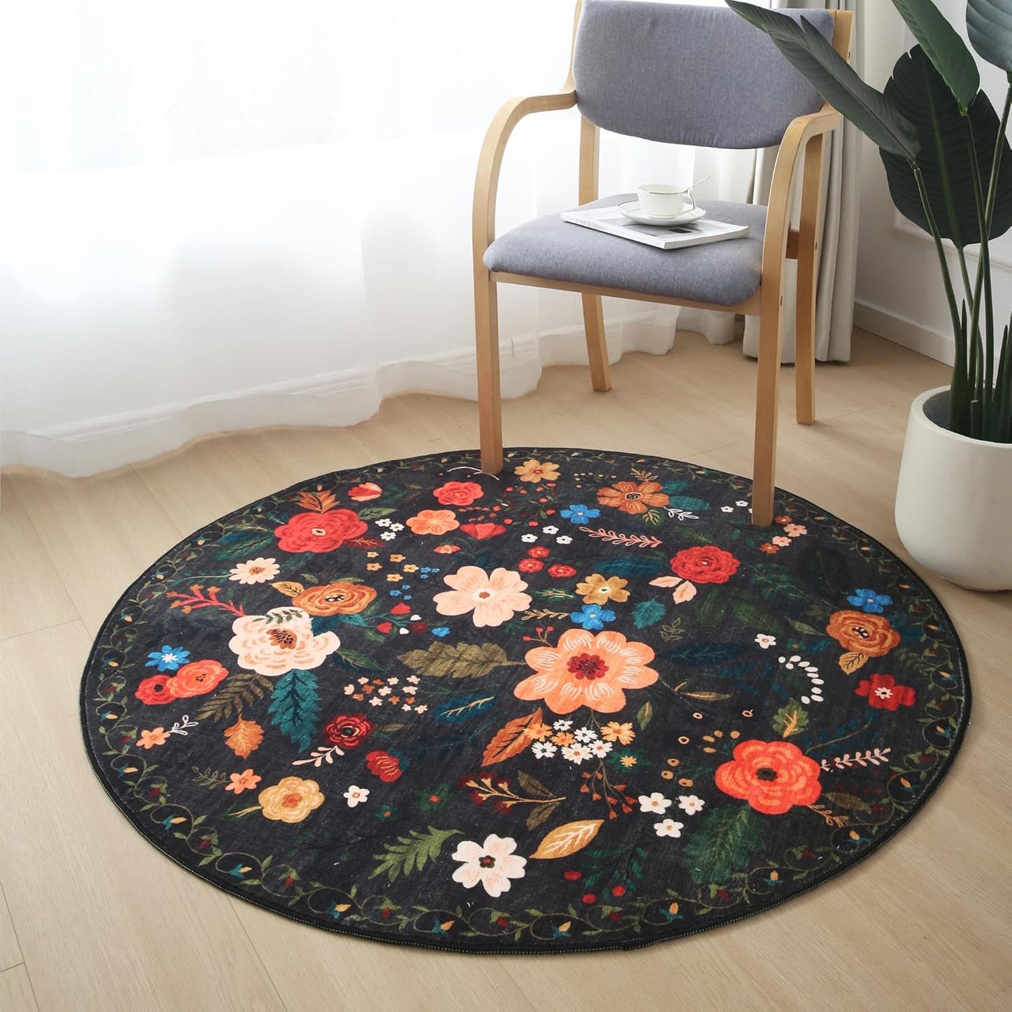 Round Rug 4ft Washable Circle Rug Non Slip Low Pile Boho Floral Small Circular Rug for Bedroom, Bathroom, Entryway, Kids Room, Office, College Dorm(Black)