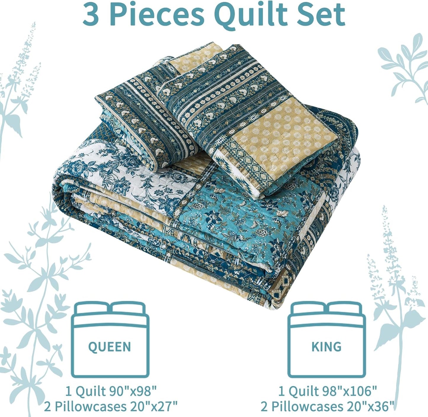 VAPUTAR Quilts King Size - Soft King Quilt Bedding Set with Floral Pattren - 3 Pieces Patchwork Cotton King Bedspreads Set for Farmhouse Bedroom (Dream Blue)