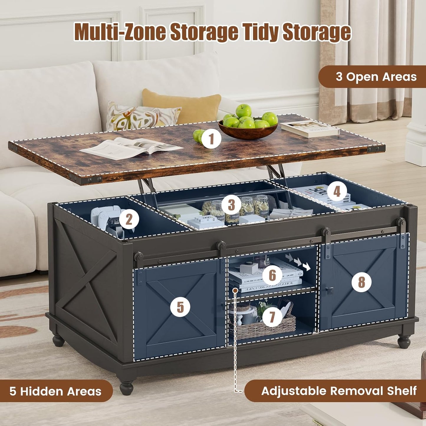 48" Farmhouse Lift Top Coffee Table with Storage Sliding Barn Door & Large Hidden Compartment, Coffee Table with Lifting Top with Wooden Lift Tabletop, Coffee Tables for Living Room, Black