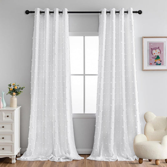 MYSKY HOME 100% Blackout Curtains for Living Room White Curtains 95 Inch Long Light Block Girls Room Drapes Thermal Insulated Room Darkening Curtains with Pom Pom Sheer Grommet 2 Pieces 52W x 95L