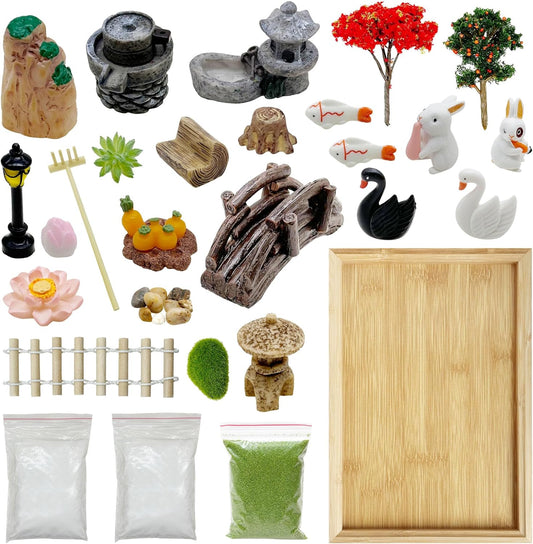Cayway Mini Zen Sand Garden Kit - Patio Sandbox Decorations Zen Decor With White Sand, Model Trees, Mini Fences, Chairs for Home Office Desktop Decor