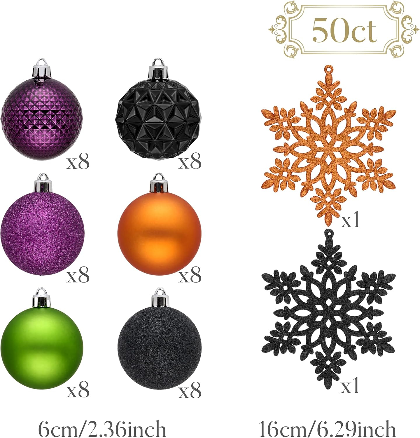 Valery Madelyn Christmas Tree Decorations Ornament Set for Fall Halloween, 50ct 2.36 Inches Orange Purple Black Shatterproof Christmas Ball Ornaments Hanging Xmas Holiday Party Decor
