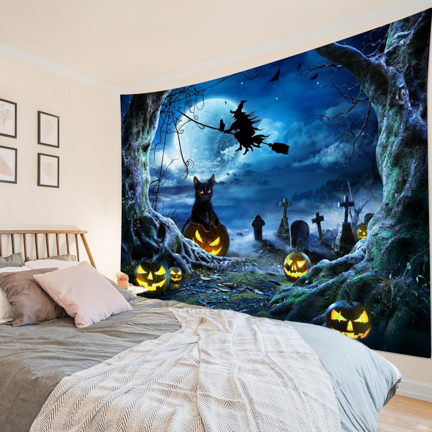 LB Halloween Wall Tapestry 60x40 Inch - Spooky Graveyard Scene with Witch, Black Cat, Pumpkin, Full Moon & Dead Tree Decor for Bedroom, Living Room, Dorm, Party