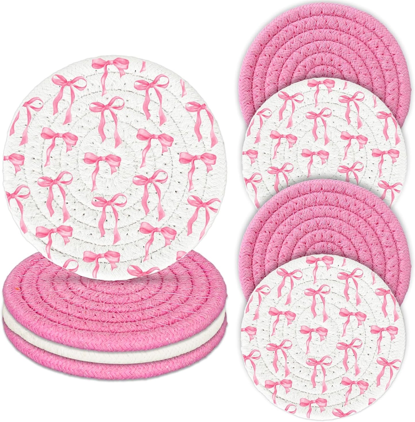Whaline Pink Bow Coasters Handmade Braided Cotton Coasters Round Absorbent Bowknot Coquette Drink Mats for Breast Cancer Awareness Birthday Wedding Baby Shower Party Home Office Table Decor, Set of 4