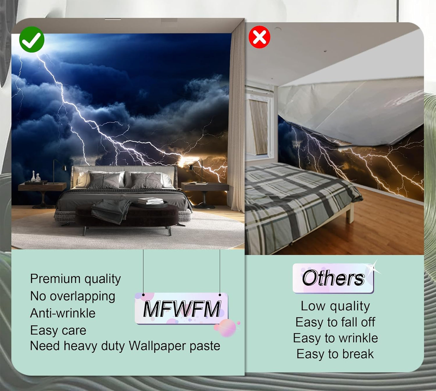 Dark Cloud Wallpaper Natural Scene Lightning Wall Mural for Boys Girls Bedroom Living Room Office (Not Peel n' Stick)