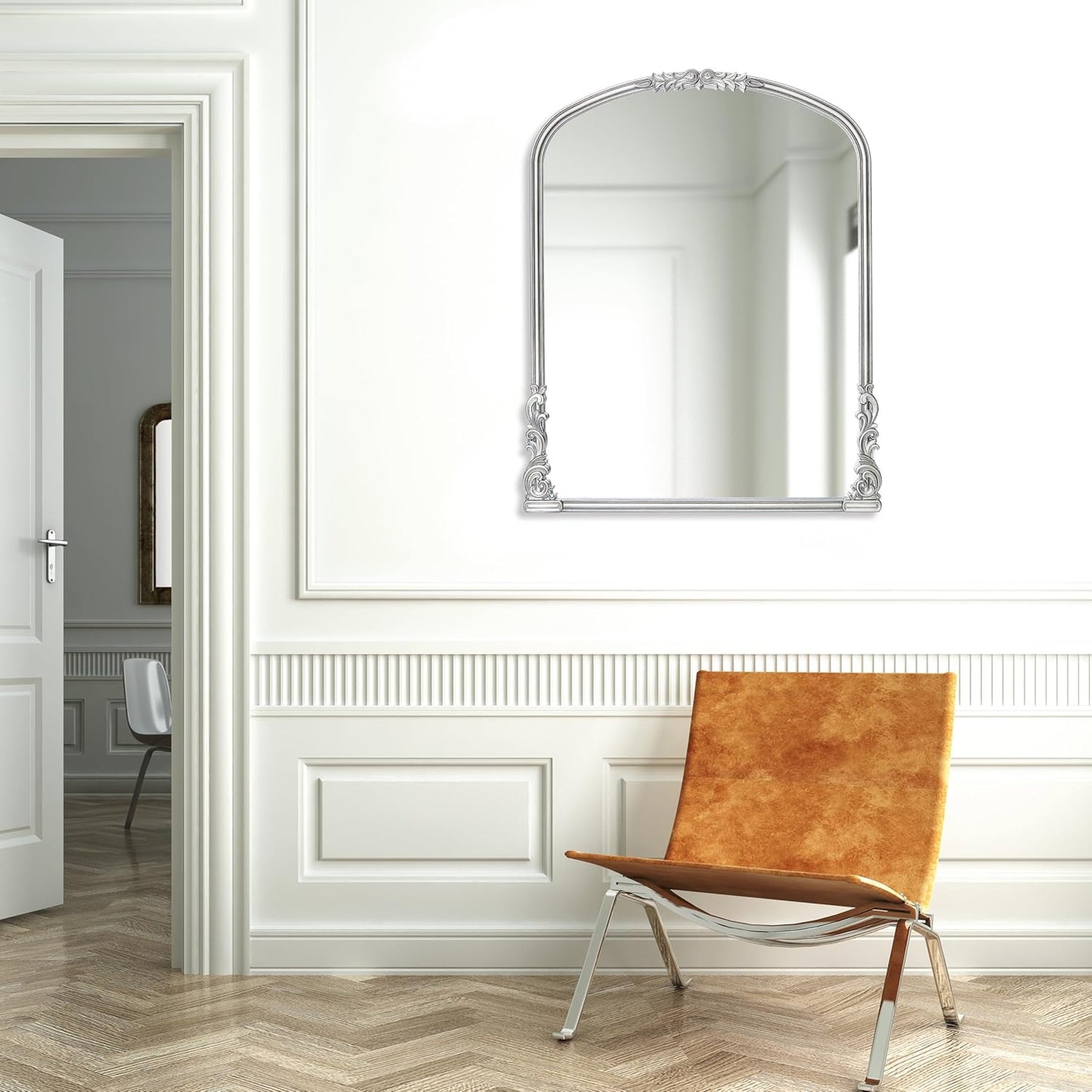 English Estate Carved Arch Wood Wall Mirror, Mirror for Entryway, Living Room, Bathroom, Antique Silver, 25.6x33.4