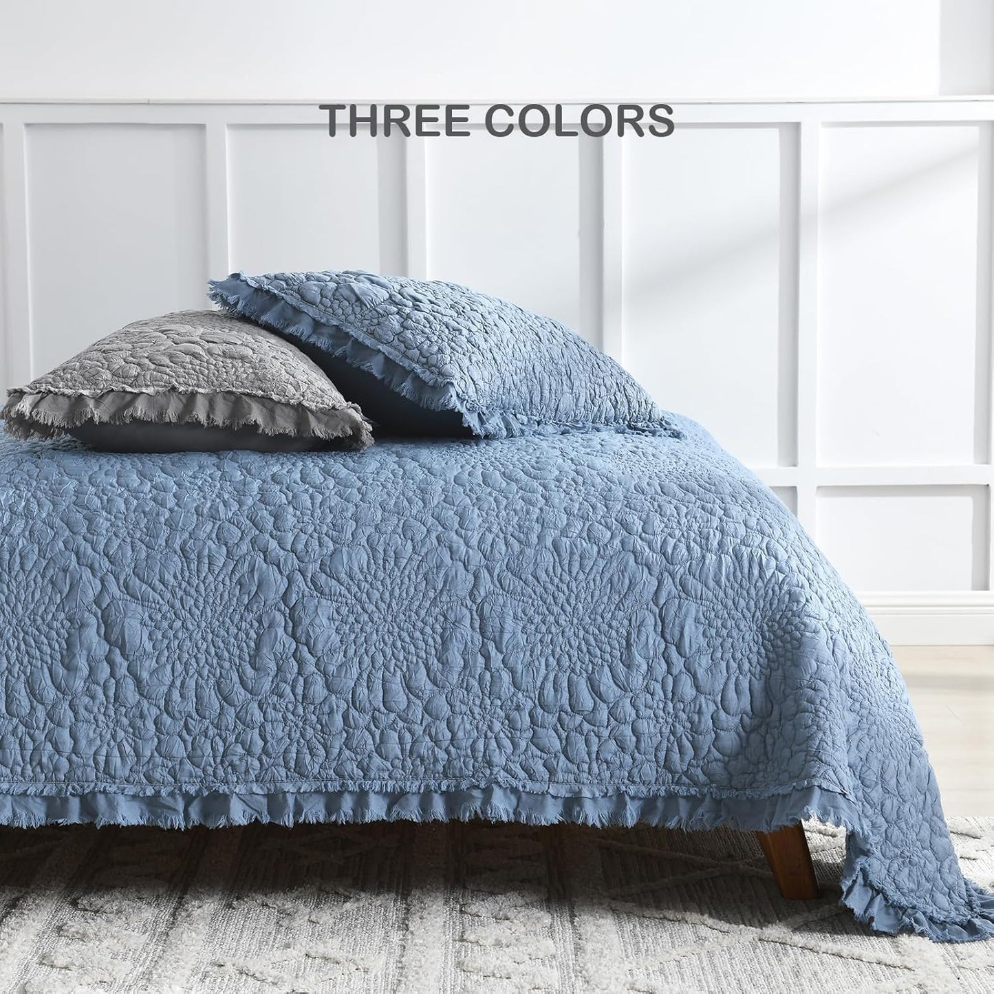 HORIMOTE HOME Blue Ruffled Quilt King Size, Stone-Washed Microfiber Lightweight Crinkled Farmhouse Rustic Shabby Chic Bedding Set, 3 Pieces Reversible Bedspread with Pillow Shams for All Season